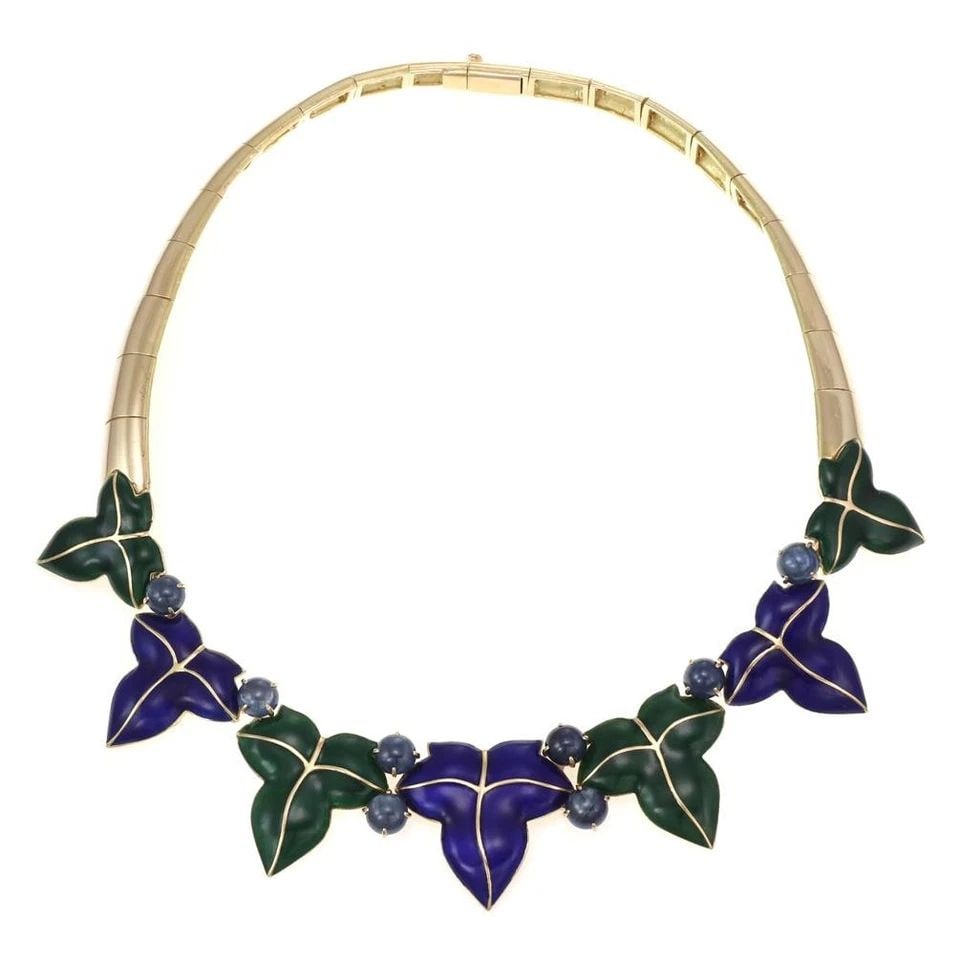 VINTAGE FRENCH 17K YELLOW GOLD SAPPHIRE ENAMEL LEAF DESIGN COLLAR NECKLACE (1 of 2)