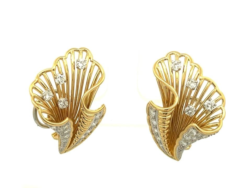 CARTIER RARE 1940'S DIAMOND 18K GOLD PLATINUM FLORAL CLIP ON EARRINGS W/PAPER (1 of 2)