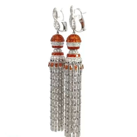 DIAMOND SAPPHIRE DROP EARRINGS 18K WHITE GOLD MULTI-CHAIN LONG DRESS EARRINGS: DIAMOND SAPPHIRE DROP EARRINGS 18K WHITE GOLD MULTI-CHAIN LONG DRESS EARRINGS This gorgeous pair of earrings are crafted from 18k white gold featuring a long drop dangle style with a curved figure 8 a