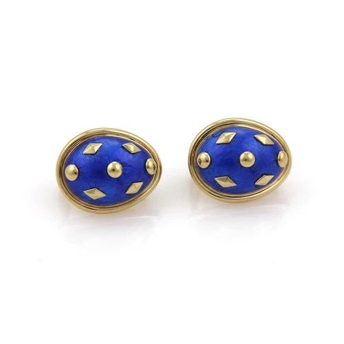 TIFFANY & CO. SCHLUMBERGER BLUE DOT LOZENGE ENAMEL POST CLIP EARRINGS: TIFFANY & CO. SCHLUMBERGER BLUE DOT LOZENGE ENAMEL POST CLIP EARRINGS Tiffany & Co. Schlumberger Blue Dot Lozenge Enamel Post Clip Earrings Description These authentic Tiffany & Co. earrings by design