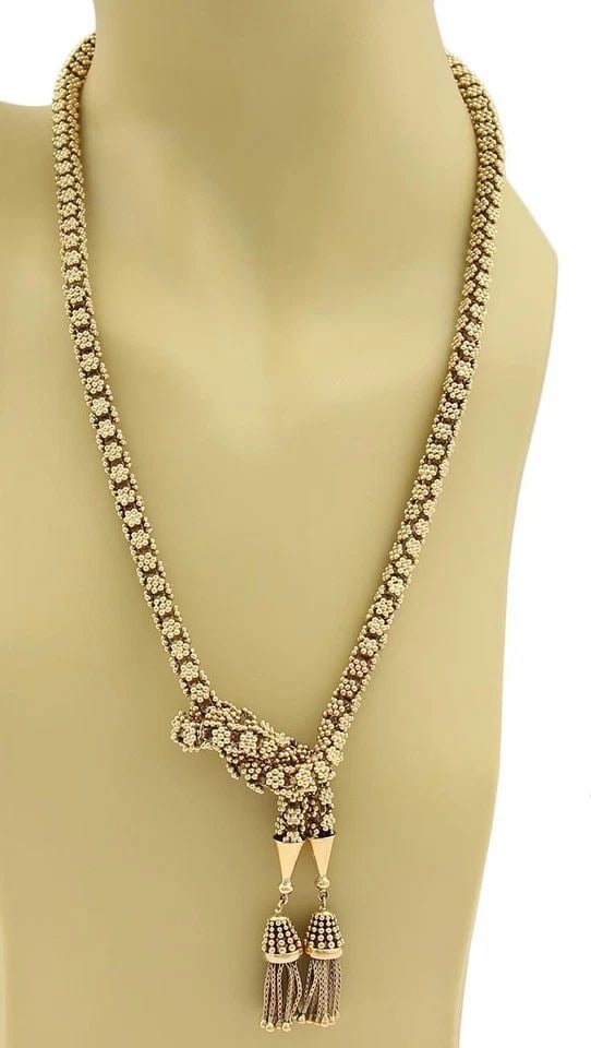 VINTAGE ESTATE 14KT GOLD BEADED FLORAL DESIGN TASSELSPENDANT NECKLACE 138G 19"L (1 of 2)