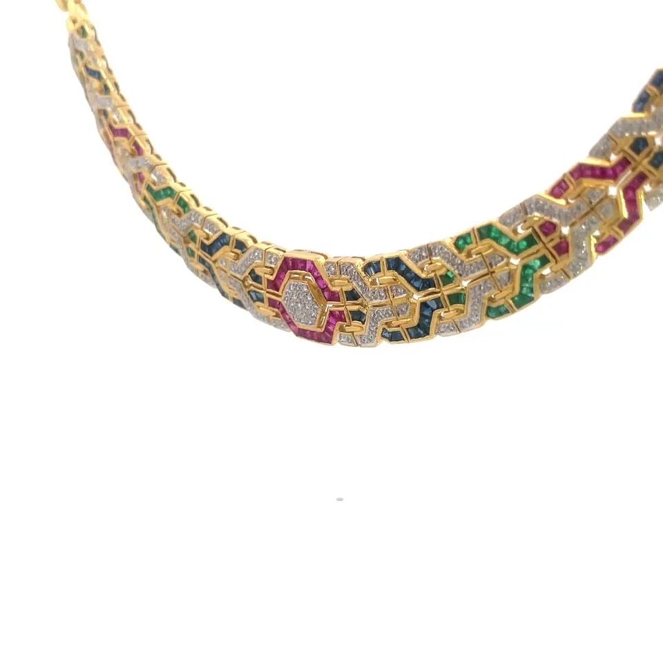 DIAMOND & GEMS GOLD NECKLACE 18K YELLOW COLLAR PANTHER LINKS 3 ROWS (1 of 2)