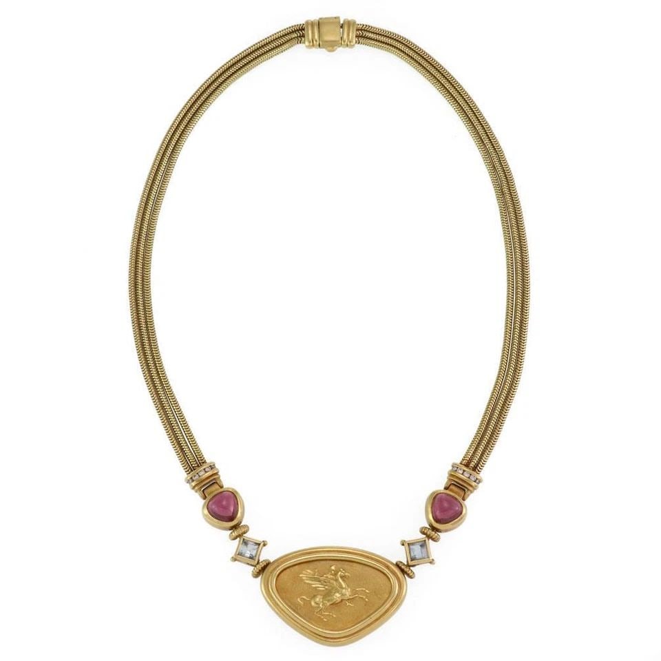 SEIDENGANG DIAMOND & GEMS NECKLACE 18K GOLD PEGASUS PENDANT TRIPLE CHAIN (1 of 2)