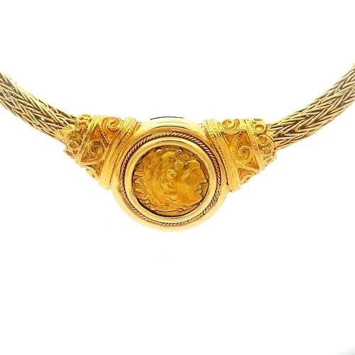 ROMAN FIGURE COIN NECKLACE SPIGA/WHEAT 18K EMBOSSED 18KYELLOW GOLD (1 of 1)