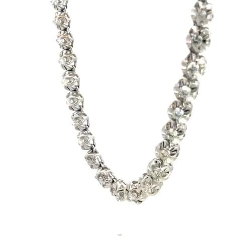DIAMOND ILLUSION TENNIS NECKLACE 8CT GRADUATED PRONG SET 14K WHITE GOLD 21" L: DIAMOND ILLUSION TENNIS NECKLACE 8CT GRADUATED PRONG SET 14K WHITE GOLD 21" L This gorgeous diamond tennis necklace is crafted from 14k white gold featuring graduated size, larger from the center. Eac