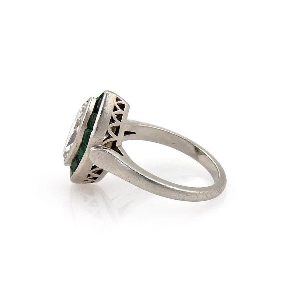 VINTAGE ART DECO 1.95CT DIAMOND & EMERALD PLATINUM MARQUISE RING SIZE 5 (1 of 2)