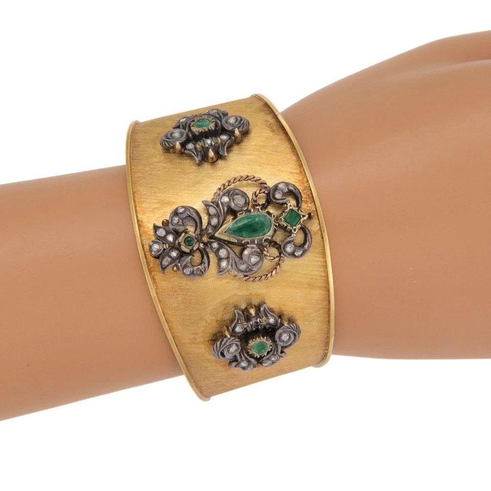 VINTAGE 1.90CT ROSE CUT DIAMOND EMERALD 18K GOLD SILVER CUFF BRACELET (1 of 2)
