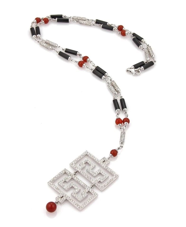 ESTATE 5.45CT DIAMOND 18K WHITE GOLD ONYX CARNELIAN FANCY PENDANT NECKLACE (1 of 1)