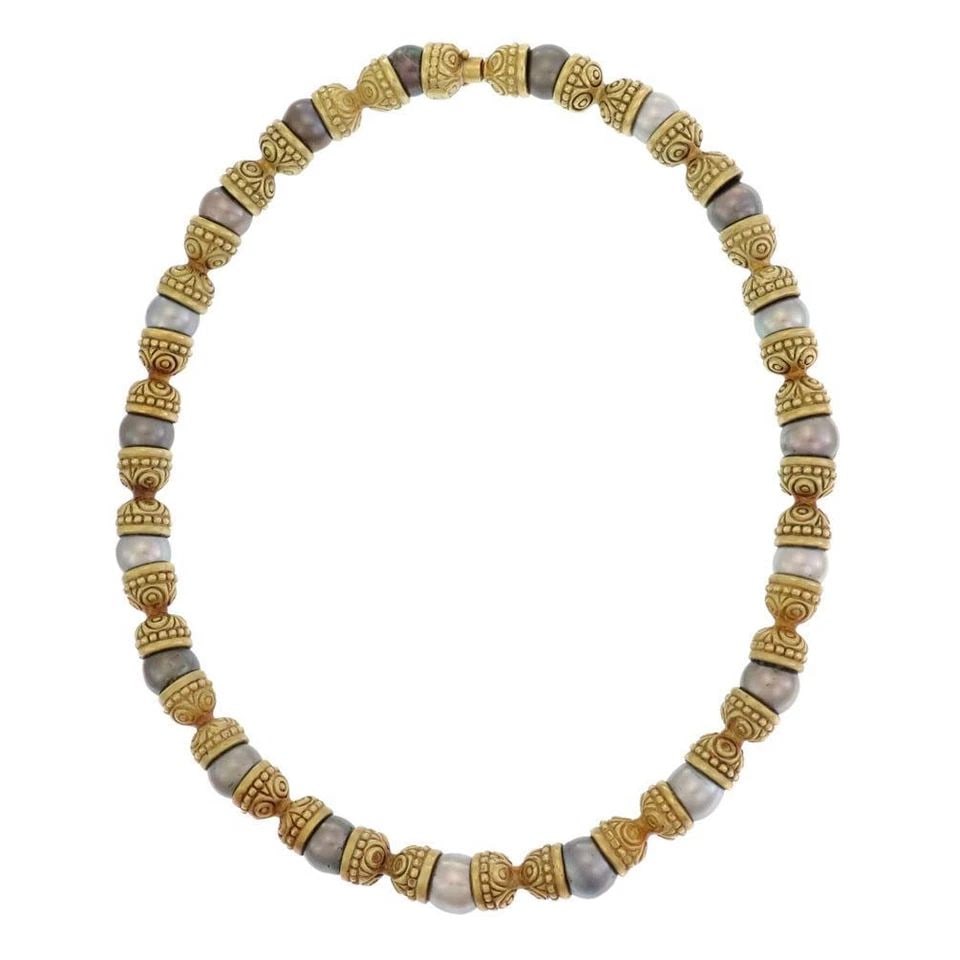 KANARIS 18K YELLOW GOLD GRAY PEARLS FANCY SCROLL LINK NECKLACE (1 of 2)
