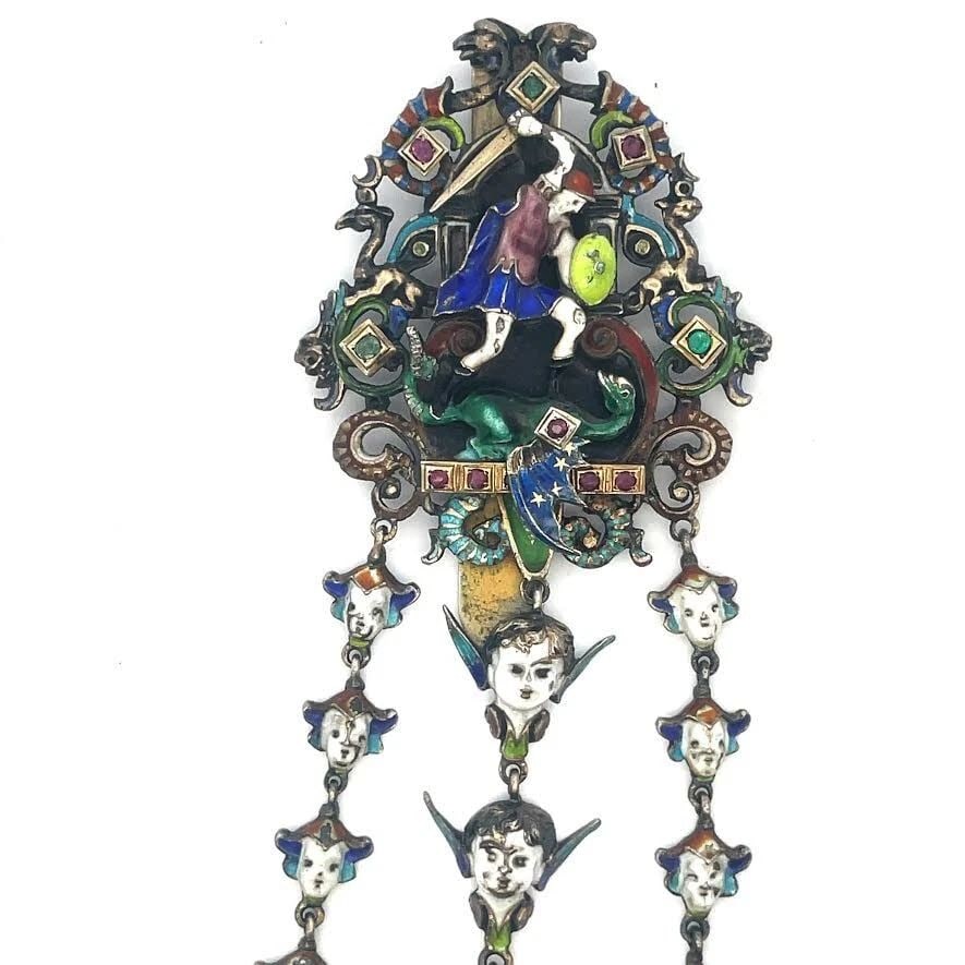 ANTIQUE ASTRO HUNGARIAN CHATELAINE ENAMEL & GEMS SILVER DRAGON & SLAYER (1 of 2)