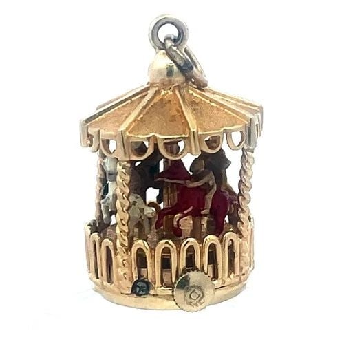 DANKNER 14K GOLD PENDANT 1960'S ENAMEL WIND-UP MECHANICAL CAROUSEL (1 of 1)