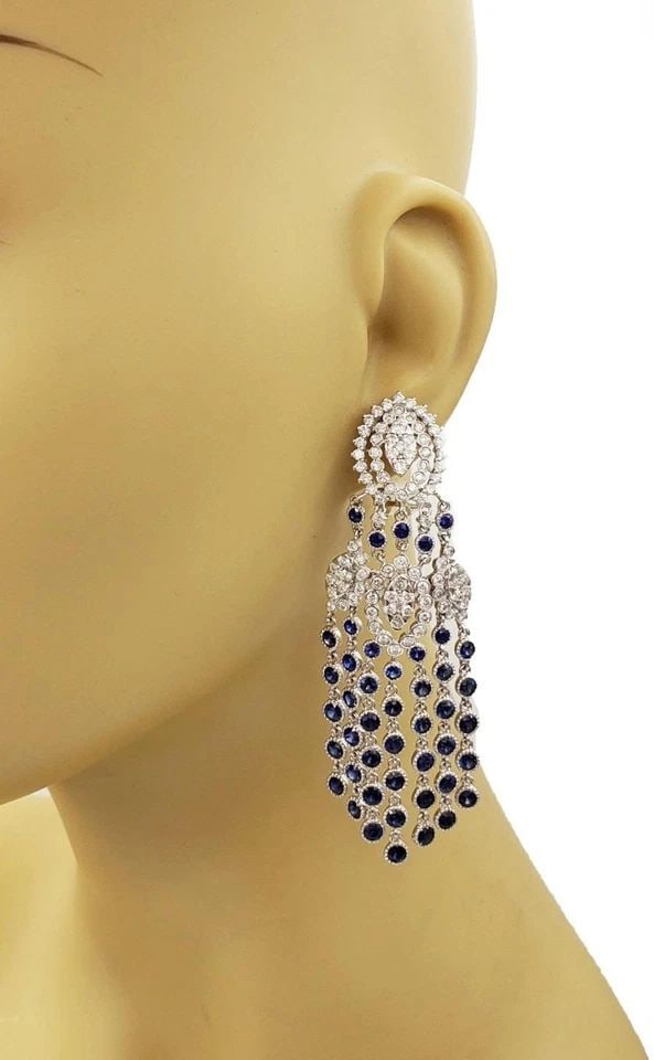 ESTATE DIAMOND SAPPHIRE 18K WHITE GOLD CHANDELIER EARRINGS (1 of 2)