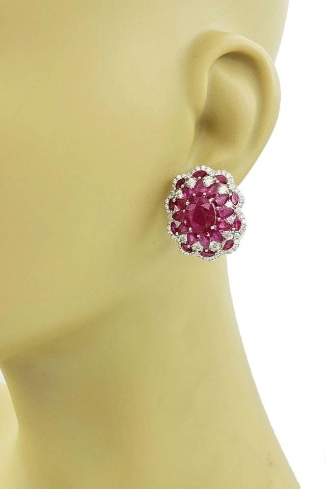 ESTATE 14.90CT DIAMOND RUBY 18K WHITE GOLD FLORAL POST CLIP EARRINGS (1 of 1)