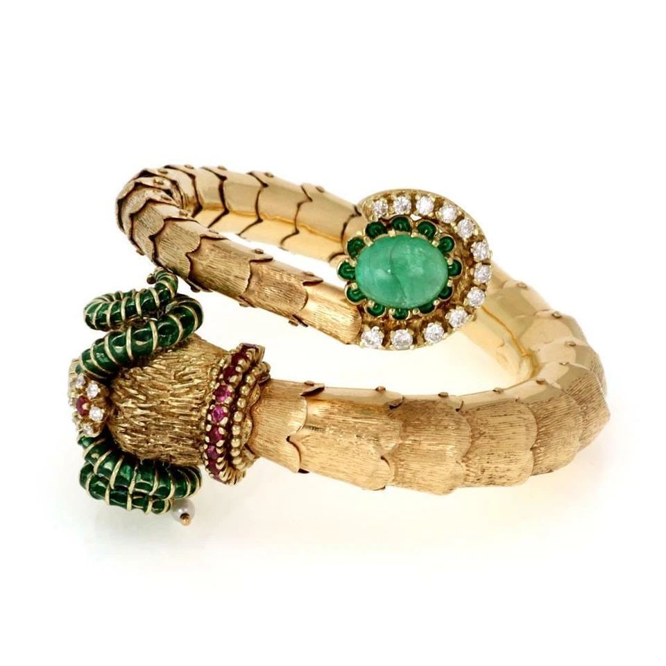 DIAMOND EMERALD RAM BRACELET RUBY ENAMEL 14K GOLD RAM HEAD WRAP FLEX BRACELET (1 of 2)