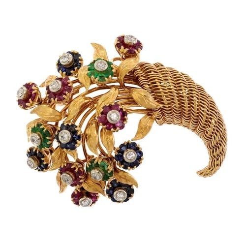TIFFANY & CO. VINTAGE 3.35CT DIAMOND GEMS 18K GOLD CORNUCOPIA FLOWER PIN (1 of 1)