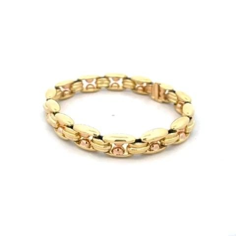 BVLGARI 18K YELLOW ROSE GOLD BRACELET OPEN BAR BEAD LINKS: BVLGARI 18K YELLOW ROSE GOLD BRACELET OPEN BAR BEAD LINKS Authentic and elegant by Bvlgari, this bracelet is crafted from 18k yellow and rose gold featuring open style links with an H style bar one ac