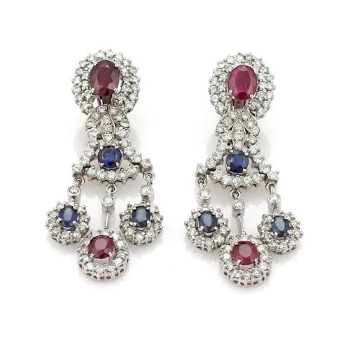EARRINGS DIAMOND WITH COLORED GEMSTONES 14K WHITE GOLD CHANDELIER ESTATE (1 of 1)