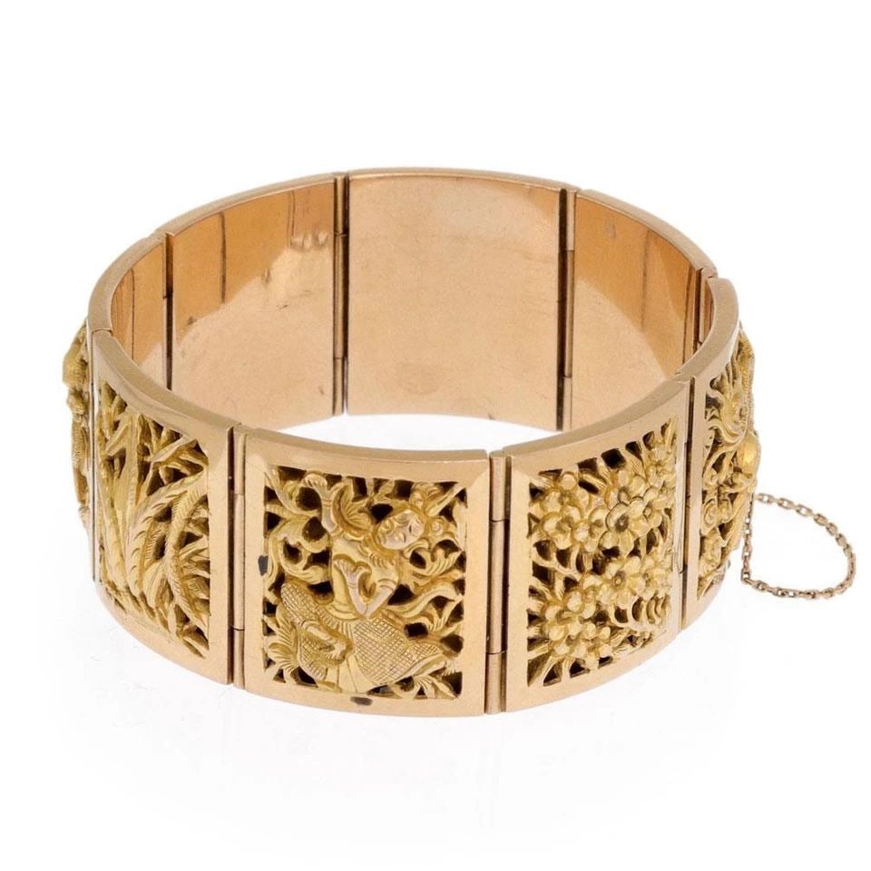 VINTAGE 20K & 17K YELLOW GOLD EMBOSSED FLORAL STYLE WIDE RECTANGLE LINK BRACELET (1 of 1)