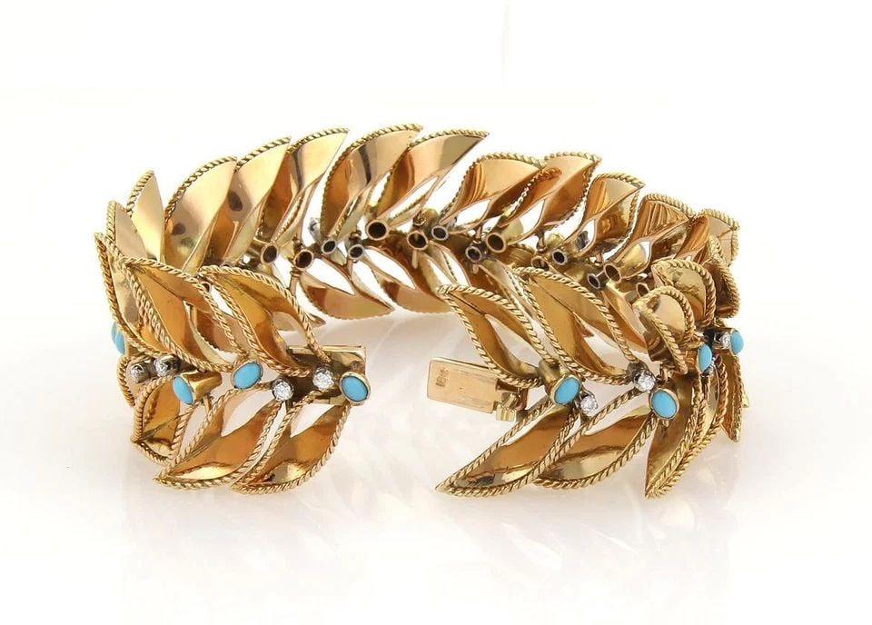 DIAMONDS GOLD BRACELET 18K YELLOW TURQUOISE VINTAGE WIDE LEAF LINK STYLE (1 of 2)