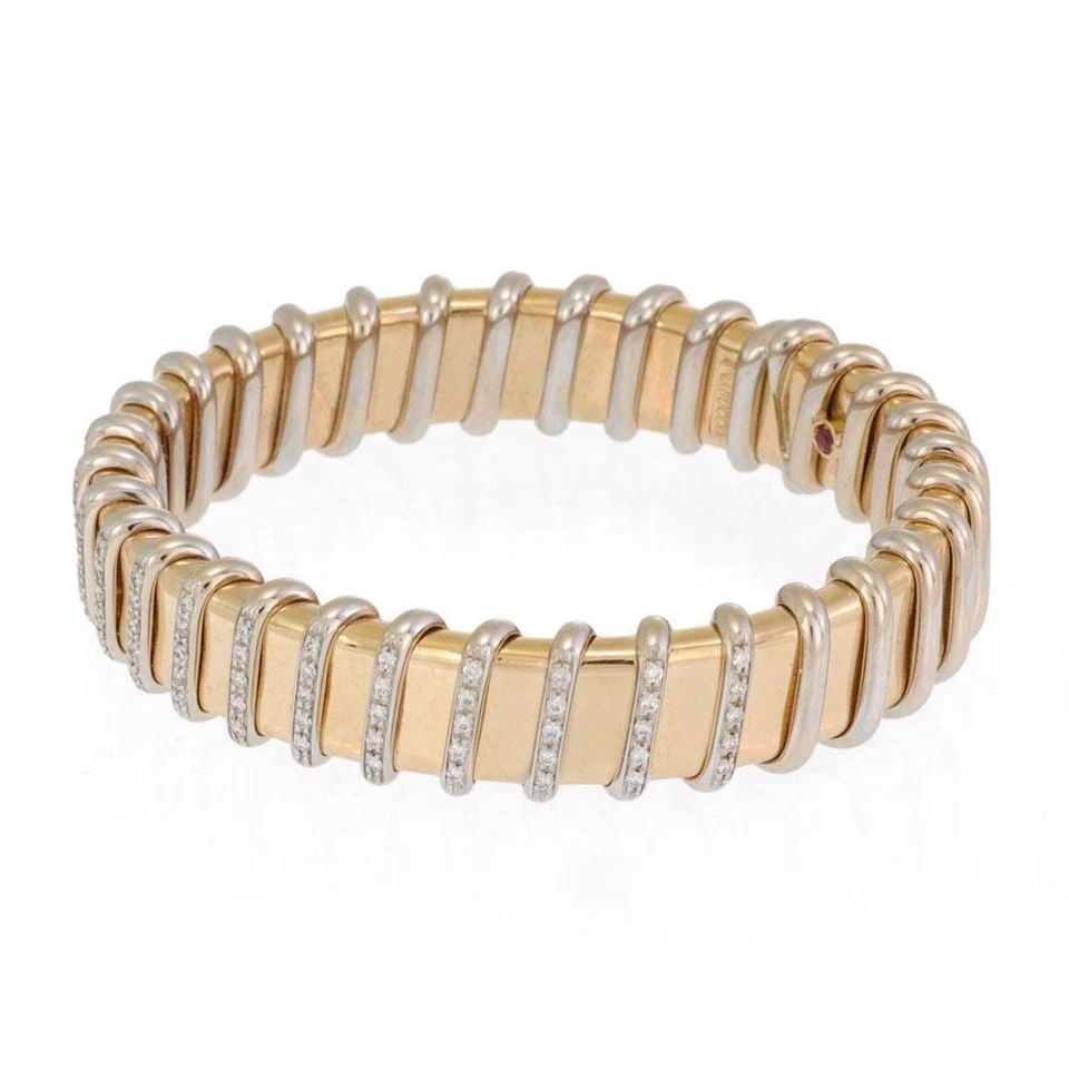 ROBERTO COIN NABUCCO 1CT DIAMONDS 18K TWO TONE GOLD WIDE FLEX BRACELET: ROBERTO COIN NABUCCO 1CT DIAMONDS 18K TWO TONE GOLD WIDE FLEX BRACELET Roberto Coin Nabucco 1ct Diamonds 18k Two Tone Gold Wide Flex Bracelet Description This is a sophisticated NABUCCO Collection by 