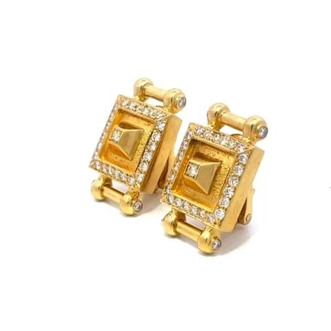 MARAMENOS & PATERAS GOLD DIAMOND EARRINGS SYMMETRY 18K YELLOW POST CLIP HUGGIE: MARAMENOS & PATERAS GOLD DIAMOND EARRINGS SYMMETRY 18K YELLOW POST CLIP HUGGIE These gorgeous authentic earrings are by Greek designer Maramenos & Pateras. The pair is crafted from 18k yellow gold fea