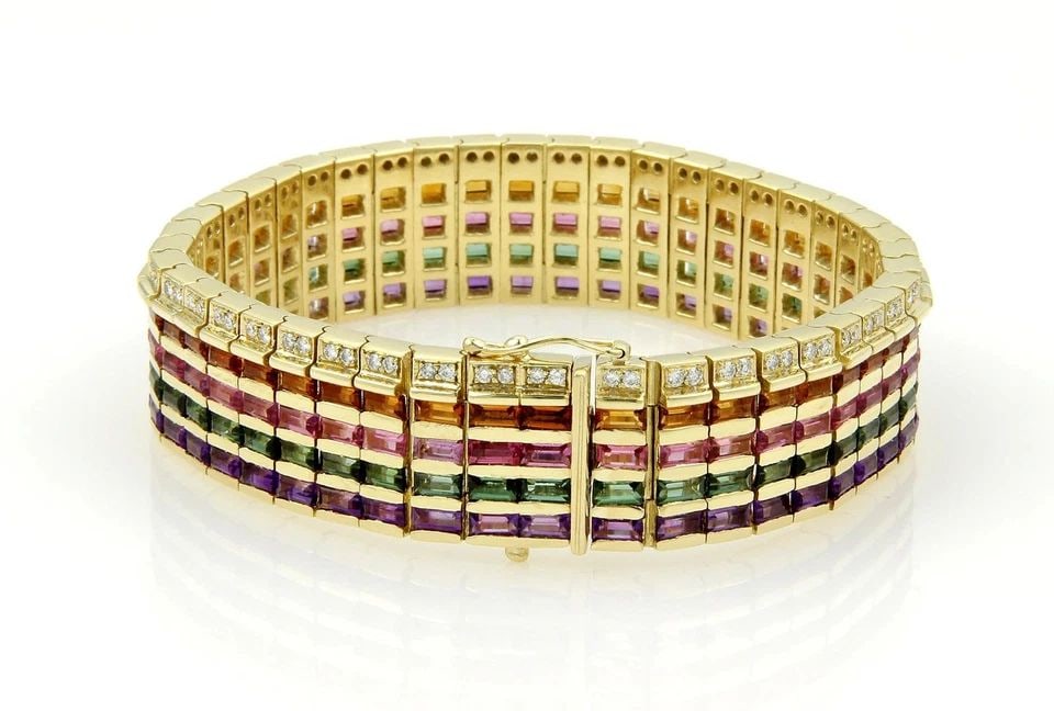 DIAMOND & GEMS GOLD BRACELET 18K YELLOW WIDE FLEX LINK BAND (1 of 2)