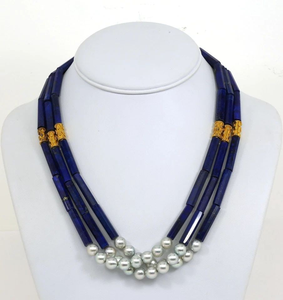 LAPIS PEARLS GOLD NECKLACE 22K TRIPLE STRAND TUBE STYLE STRING (1 of 2)
