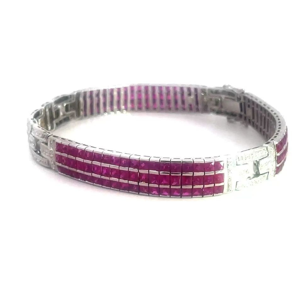RUBY GOLD DIAMOND BRACELET 18K WHITE FRENCH CUT RUBY WIDE FANCY LINK 8.75" LONG (1 of 2)