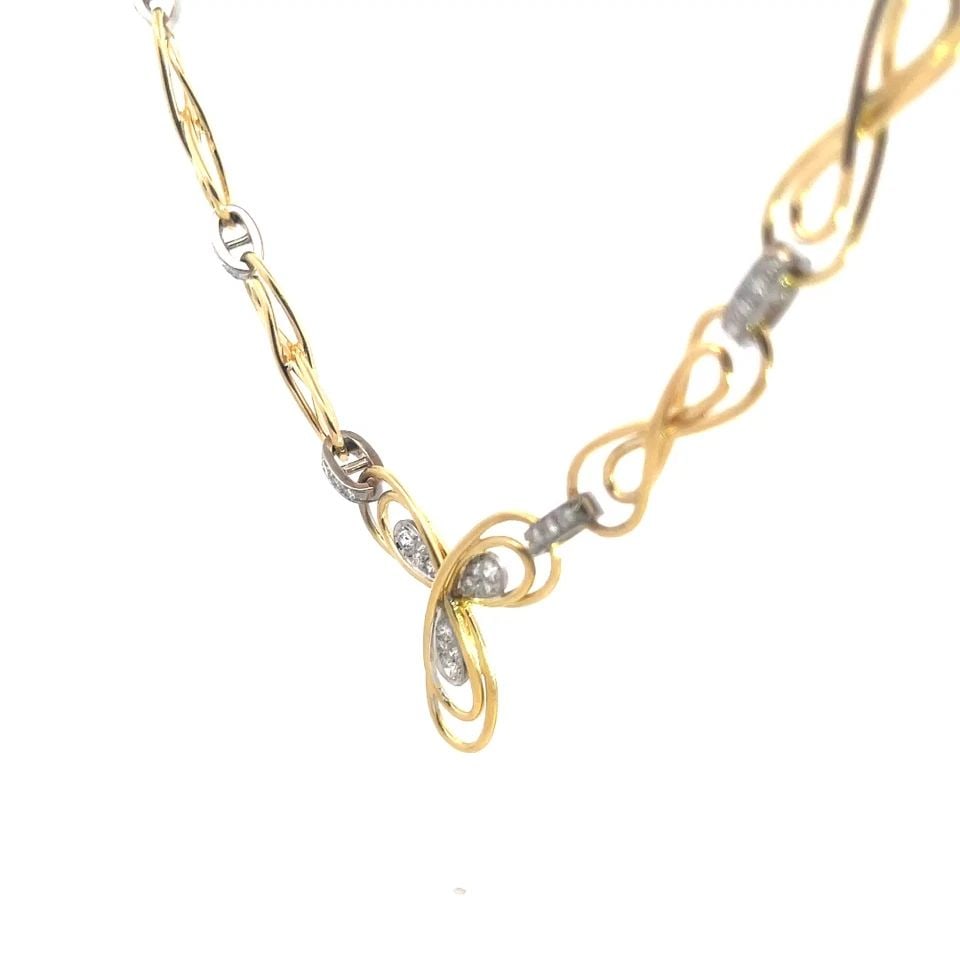 DIAMOND GOLD NECKLACE 2.50CT INFINITY LINK FLORAL PENDANT 18K TWO TONE: DIAMOND GOLD NECKLACE 2.50CT INFINITY LINK FLORAL PENDANT 18K TWO TONE This beautiful necklace is crafted from18k yellow and white gold featuring double wire infinity links in yellow gold joined toget