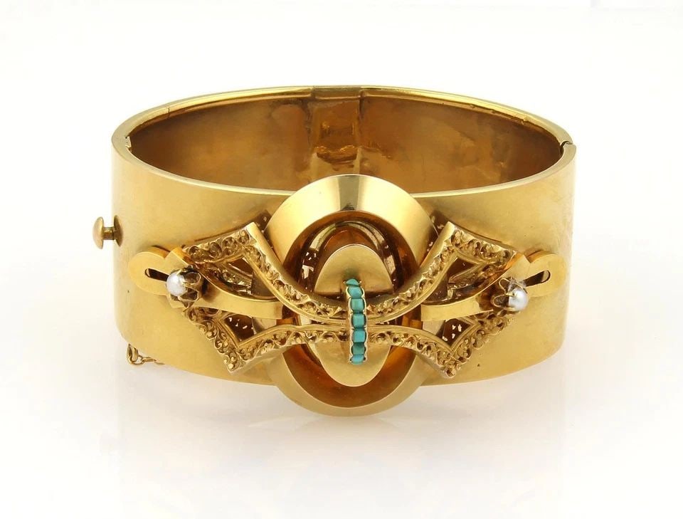 VICTORIAN GOLD BRACELET EARRINGS & BROOCH SET 17K YELLOW PEARLS & TURQUOISE (1 of 1)