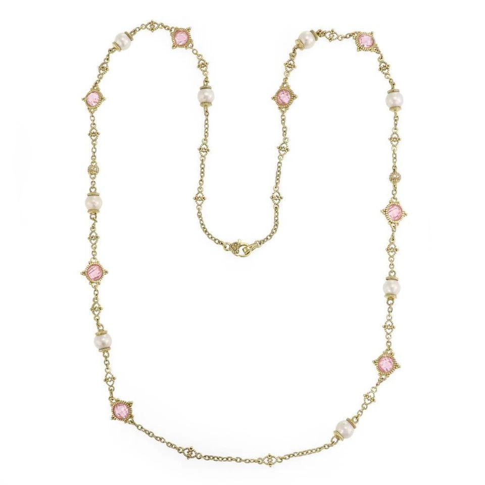 JUDITH RIPKA DIAMOND PEARLS PINK CRYSTAL 18K YELLOW GOLD LONG NECKLACE: JUDITH RIPKA DIAMOND PEARLS PINK CRYSTAL 18K YELLOW GOLD LONG NECKLACE Judith Ripka Diamond Pearls Pink Crystal 18k Yellow Gold Long Necklace Description This is a chic and fashionable authentic neckl
