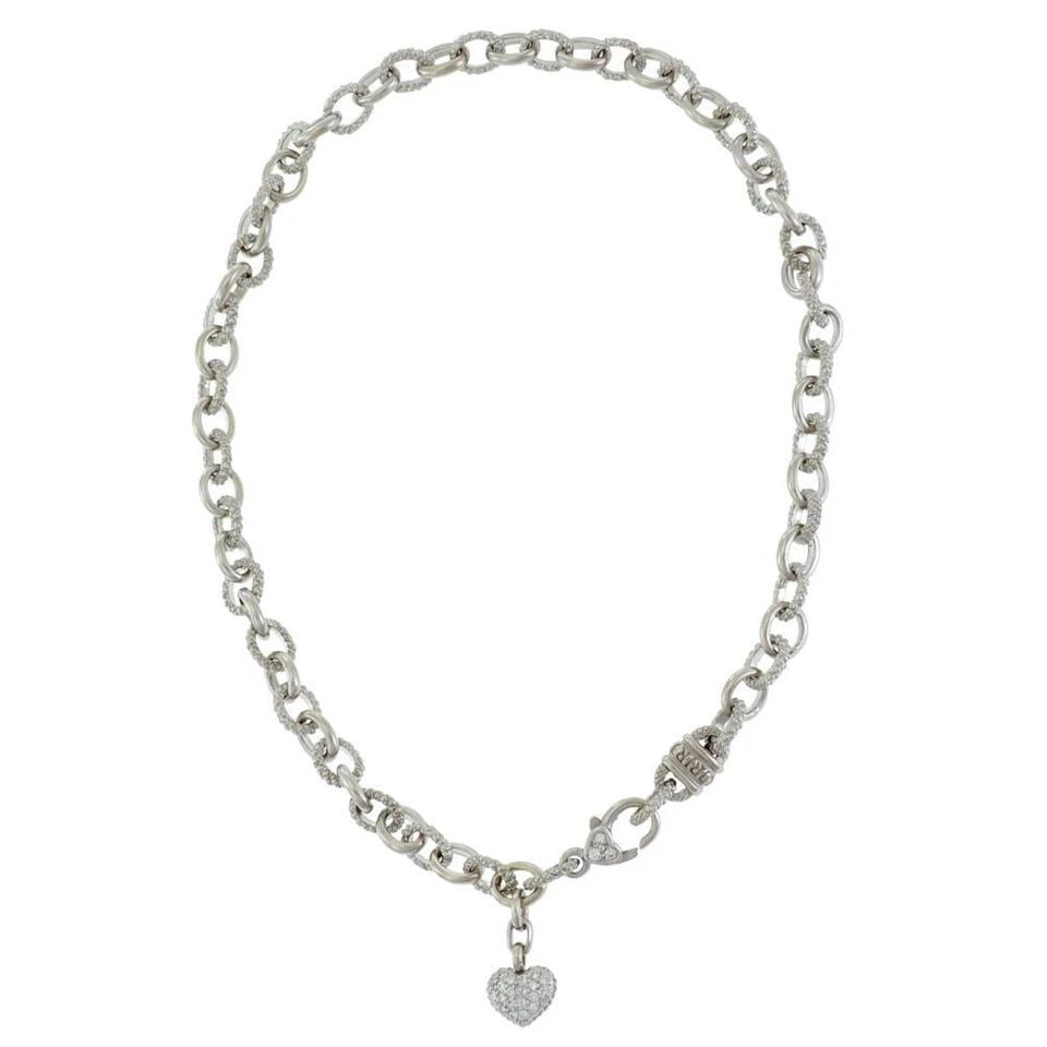 JUDITH RIPKA DIAMOND 18K WHITE GOLD HEART PENDANT OVAL LINK NECKLACE: JUDITH RIPKA DIAMOND 18K WHITE GOLD HEART PENDANT OVAL LINK NECKLACE Judith Ripka Diamond 18k White Gold Heart Pendant Oval Link Necklace Description This chic authentic necklace is by Judith Ripka,