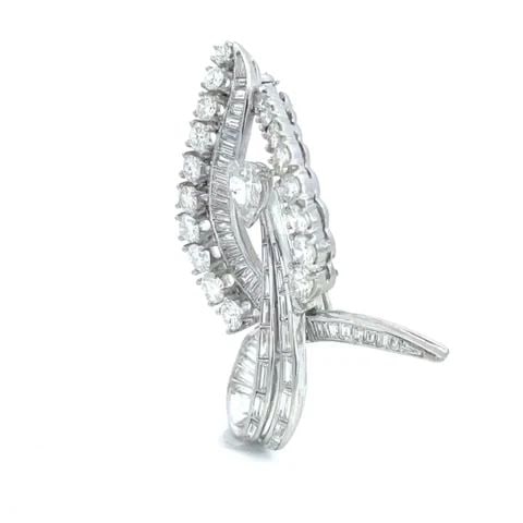 PLATINUM DIAMOND OPEN STYLE LONG STEM LEAF BROOCH 14K GOLD PIN (1 of 2)