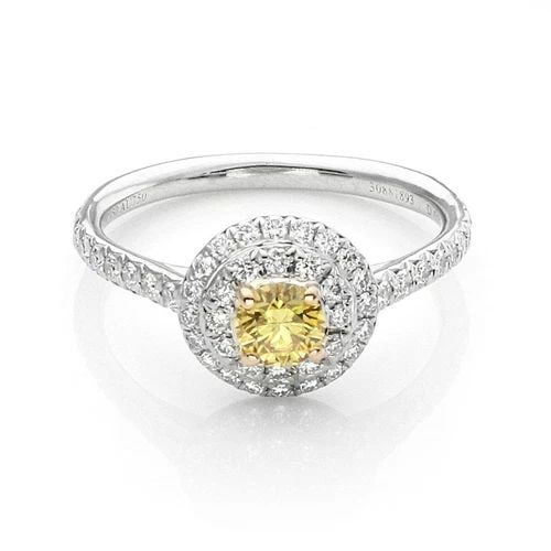 TIFFANY & CO. SOLESTE WHITE & FANCY INTENCE YELLOW DIAMOND PLATINUM RING W/PAPER: TIFFANY & CO. SOLESTE WHITE & FANCY INTENCE YELLOW DIAMOND PLATINUM RING W/PAPER Tiffany & Co. SOLESTE White & Fancy Intence Yellow Diamond Platinum Ring w/Paper Description This stunning authentic ri