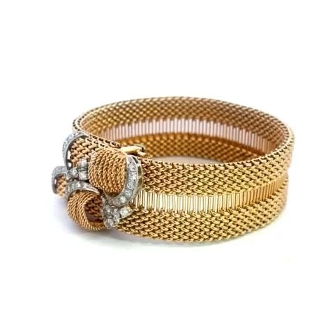 14K DIAMOND BELT MESH BRACELET 3 ROW YELLOW GOLD WIRE BUCKLE STYLE FLEX BAND (1 of 1)