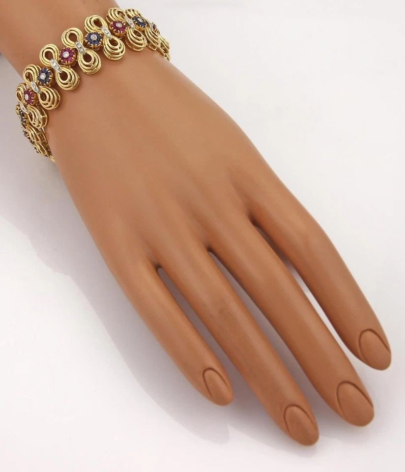 DIAMOND GEMSTONE BRACELET 18K YELLOW GOLD FLORAL DOUBLE LOOP LINK STYLE (1 of 2)