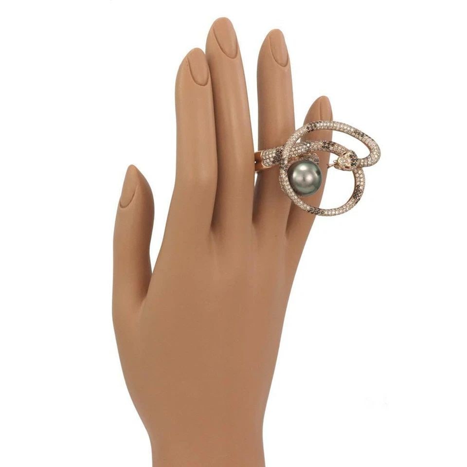 LARGE 5CT DIAMOND 18K ROSE GOLD TAHITIAN PEARL COILED SNAKE RING SIZE 10 (1 of 1)