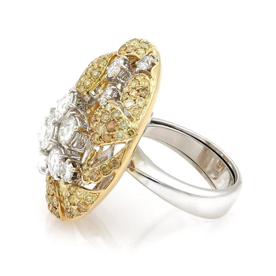 18K GOLD 3.75CT FANCY YELLOW & ROSE CUT DIAMOND FLORAL ROUND TOP RING: 18K GOLD 3.75CT FANCY YELLOW & ROSE CUT DIAMOND FLORAL ROUND TOP RING 18k Gold 3.75ct Fancy Yellow & Rose Cut Diamond Floral Round Top Ring Description This magnificent ring is crafted from 18k yellow