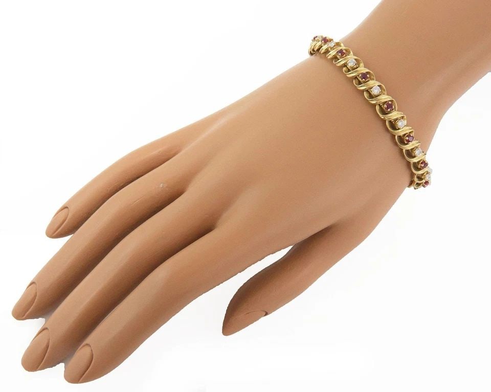 DIAMOND RUBY GOLD BRACELET 18K YELLOW SPIRO LINK SWISS MADE (1 of 2)