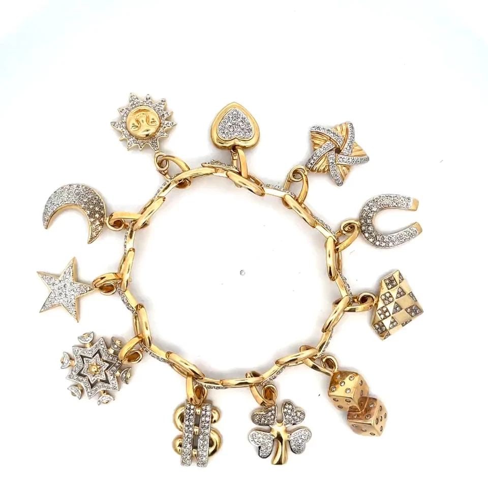 LARGE DIAMOND 14K TWO TONE GOLD 11 ASSORTED CHARMS CHAIN BRACELET (1 of 2)