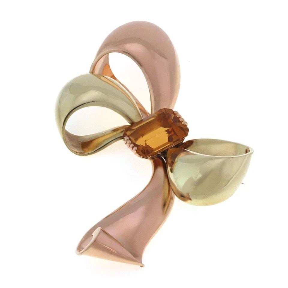 TIFFANY & CO. CITRINE PIN PINK 18K PINK & YELLOW GOLD LARGE RIBBON BOW BROOCH (1 of 2)