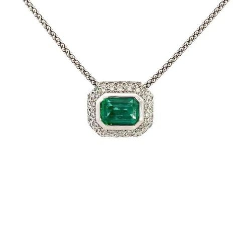 DIAMOND EMERALD PENDANT 14K WHITE GOLD RECTANGLE SLIDE POPCORN CHAIN: DIAMOND EMERALD PENDANT 14K WHITE GOLD RECTANGLE SLIDE POPCORN CHAIN This is a gorgeous pendant and chain necklace. Crafted from 14k white gold, the pendant features a rectangle shape hallow pendant w