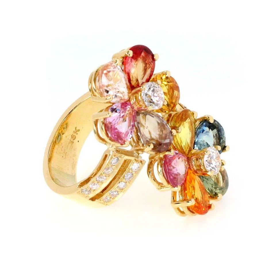 SAPPHIRE & DIAMOND GOLD RING 18K YELLOW MULTICOLOR BYPASS FLOWER SAPPHIRE RING: SAPPHIRE & DIAMOND GOLD RING 18K YELLOW MULTICOLOR BYPASS FLOWER SAPPHIRE RING Estate Multicolor Sapphire & Diamond 18k Yellow Gold Bypass Flower Ring Description This is a stunning Estate bypass flor