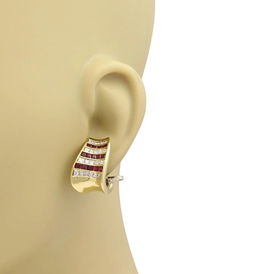 MAYORS DIAMOND GOLD EARRINGS 18K YELLOW RED GEMSTONE CONCAVE POST CLIP (1 of 1)