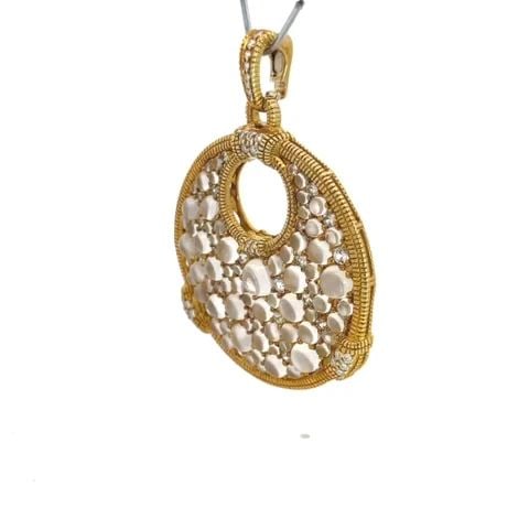 JUDITH RIPKA AURORA PENDANT DIAMOND 18K GOLD MOONSTONE CLIP ON: JUDITH RIPKA AURORA PENDANT DIAMOND 18K GOLD MOONSTONE CLIP ON This is a Judith Ripka Aurora pendant featuring a round-cut diamonds and other white gemstones set in 18k yellow gold. The pendant also i
