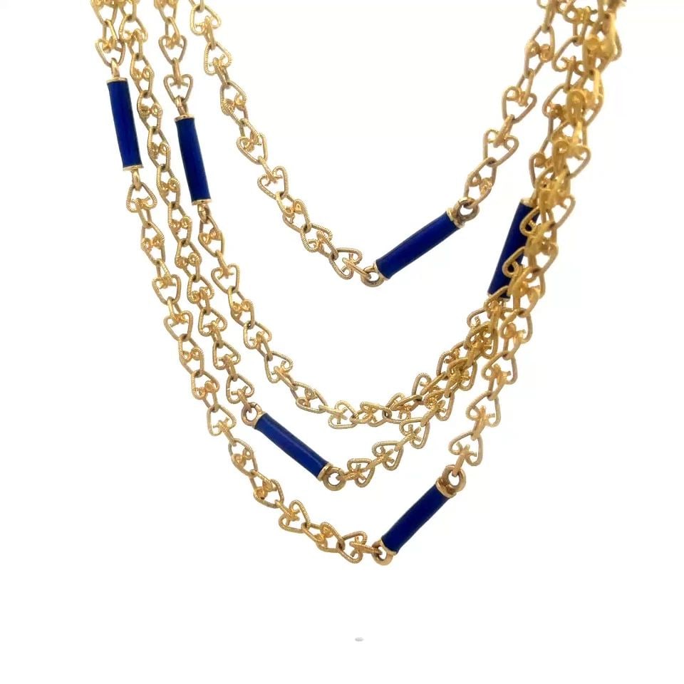 GOLD ENAMEL LONG NECKLACE 18K YELLOW BAR MOTIF HEART CHAIN LINK STYLE 46" LONG (1 of 2)