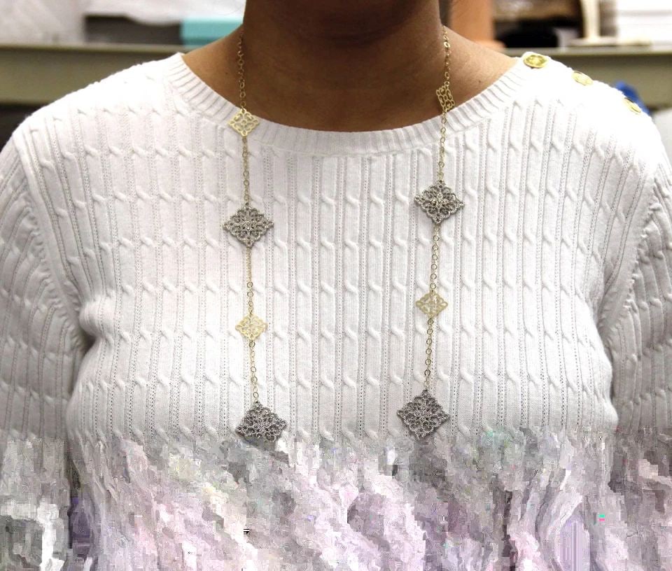DIAMOND GOLD LONG NECKLACE 4.90CT 14K TWO TONE DOUBLE SIDE LATTICE STYLE: DIAMOND GOLD LONG NECKLACE 4.90CT 14K TWO TONE DOUBLE SIDE LATTICE STYLE This Diamond Gold Long Necklace features sparkling natural white diamonds set in 14k yellow and white gold. The double side set