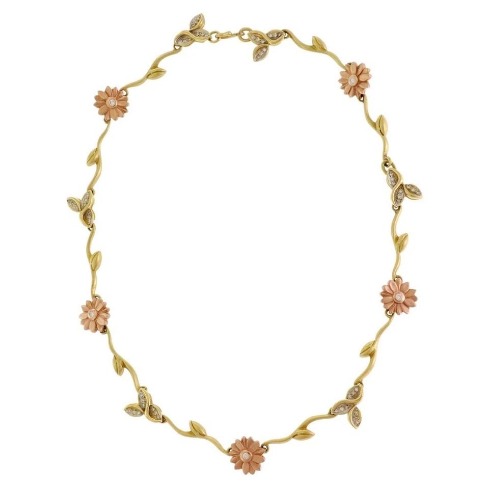 DIAMOND NECKLACE 18K 14K YELLOW & ROSE GOLD FLORAL LEAF LINK COLLAR: DIAMOND NECKLACE 18K 14K YELLOW & ROSE GOLD FLORAL LEAF LINK COLLAR This Diamond Necklace features a floral leaf design in multi-tone gold, with a collar style that exudes elegance and sophistication.
