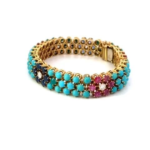 DIAMOND TURQUOISE GOLD BRACELET 18K YELLOW WITH DIAMOND RUBY SAPPHIRE VINTAGE (1 of 2)
