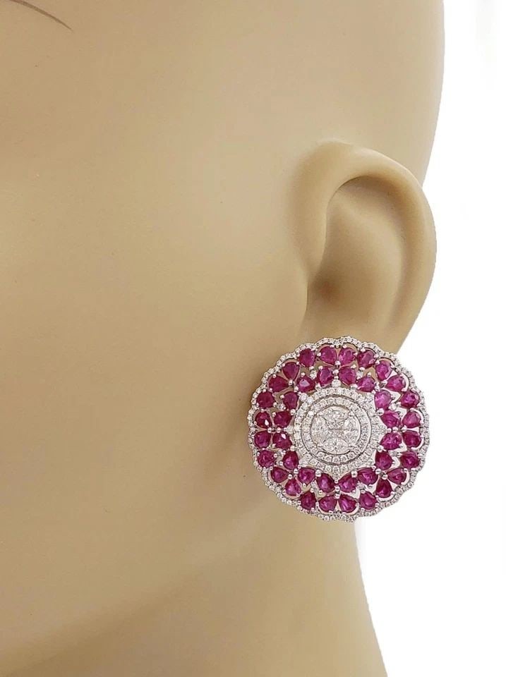 ESTATE 16.64CT DIAMOND RUBY 18K WHITE GOLD LARGE FLORAL POST CLIP EARRINGS (1 of 2)